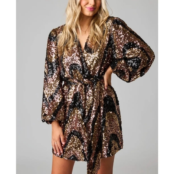Buddy Love Size M Dress Black / Gold Sequins Loose Fit Wrap Dress Mid Thigh - Picture 1 of 9